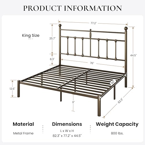 Image of SHA CERLIN King Size Metal Platform Bed Frame with Victorian Vintage Headboard /Under Bed Storage /No Box Spring Needed /Easy Assembly /Noise Free /Mattress Foundation /Gold