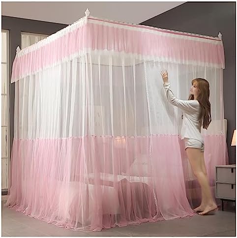 Princess Bed Netting Canopy for Girls Mosquito Net Bed Frame Curtain Brackets with Curtain 4 Corners Canopy Bed Frame Post Poles Aluminum Alloy,Pink,Full