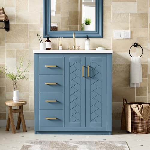Merax 30'' Bathroom Vanity with Ceramic Sink Combo, Solid Wood Frame Bathroom Storage Cabinet, Freestanding Vanity Set with 3 Drawers& Soft Closing Doors, Indigo