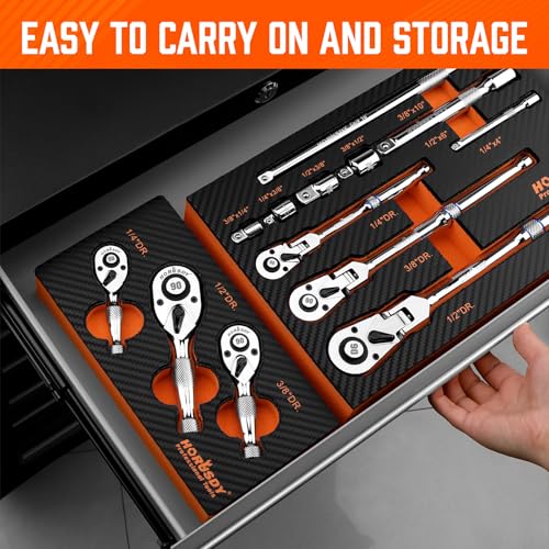 Image of HORUSDY 3 Piece 90T Stubby Ratchet Handle Set, 1 /4 inch 3 /8 inch 1 /2 inch Drive Mini Socket Wrench, Compact Reversible Ratchets for Tight Spaces, Car & Home Repair, DIY, Mechanic Tool