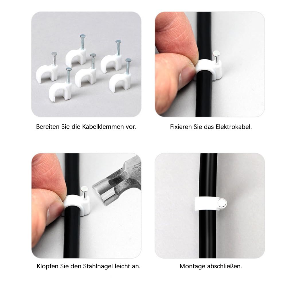 Kabelschellen 200 Stück 25mm rund kabelklemmen Wand Kabel nagelklemmen kabelhalter drahtclips nagelschellen mit Bevestigingsnagels kabelbefestigung Cable clamp für Leitungen Telefoonkabels