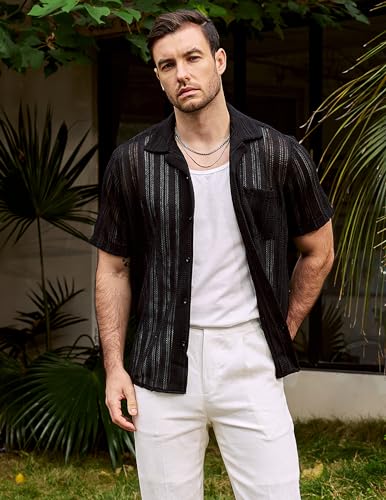 VATPAVE Mens Summer Lace Shirts See Through Sheer Shirts Casual Short Sleeve Button Down Beach Shirts2