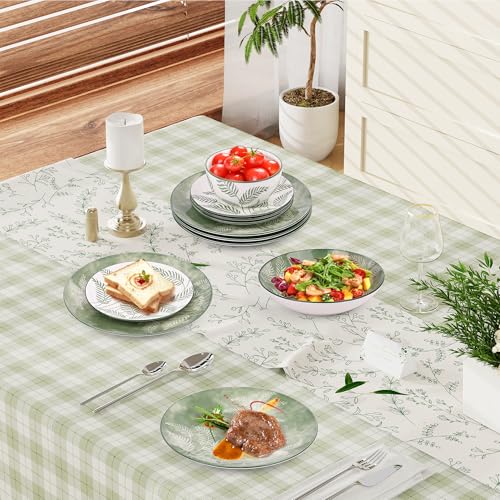 Porcelain Dinnerware Sets for 4, 16 Pieces Sage Green White Floral Plates and Bowls Set, Spring Summer Leaves Dishes Set, Microwave and Dishwasher Safe Ceramic Dinner Set with Pasta Bowls