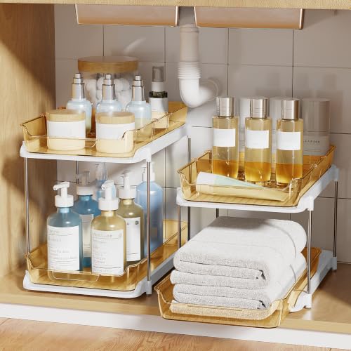 Image of Delamu 2-Tier Multi-Purpose Bathroom Under Sink Organizers and Storage, Stackable Kitchen Pantry Organization, Pull Out Medicine Cabinet Organizer with Movable Dividers, Golden, 2 Pack
