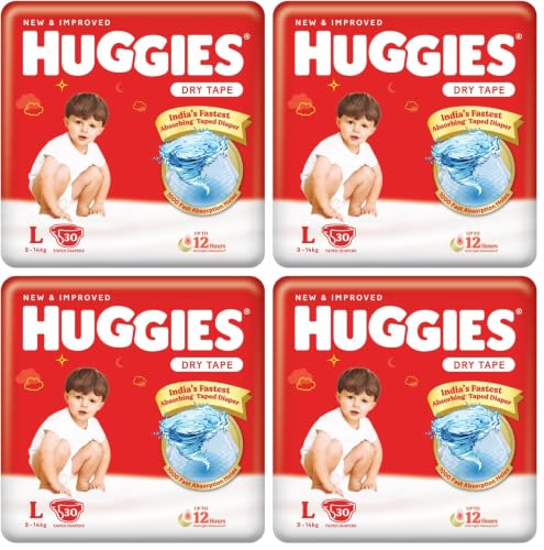 Image of Huggies Complete Comfort Dry Tape Large (L) Size Baby Tape Diapers, 30 count, with 5 in 1 Comfort (Pack of 4)