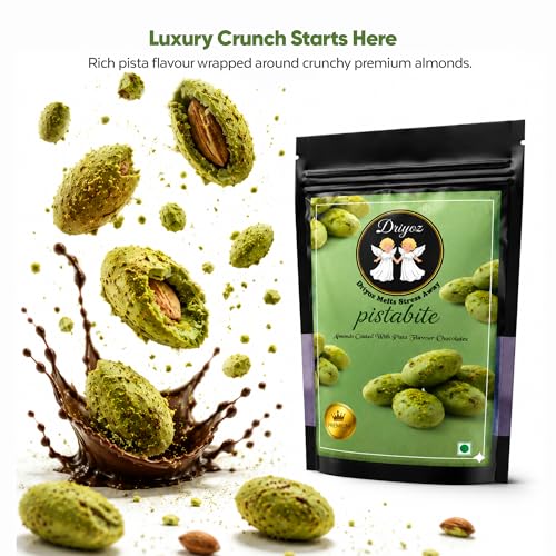 Image of DRIYOZ Pistabite Pista Flavour Chocolate Coated Almonds 250g | Premium Crunchy Badam with Rich Pistachio Chocolate Granules | Gourmet Sweet Nut Snack for Gifting & Snacking