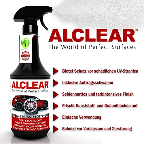 ALCLEAR 721RK Reifenglanz 1000 ml, mit Auftragsschwamm, seidenmatt, UV-Schutz, farbauffrischend,für Reifenflanken, Kunststoff, Türgummi, Gummipflege, Autopflege, Fahrzeugaufbereitung, Auto Detailing