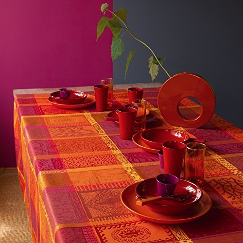 Garnier Thiebaut Coated Tablecloth Mille Wax Ketchup 69 Inch Round, 100% two-ply twisted cotton, Coated with three layers of acrylic, Made in France