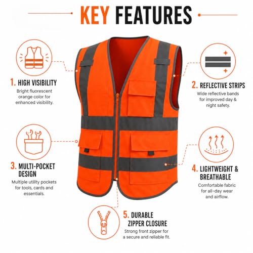 Image of VRITRAZ Unisex High Visibility Reflective Safety Vest | Multi-Pocket Safety Workwear Jacket for Construction Workers, Engineers, Security Guards, Factory & Road Safety Use
