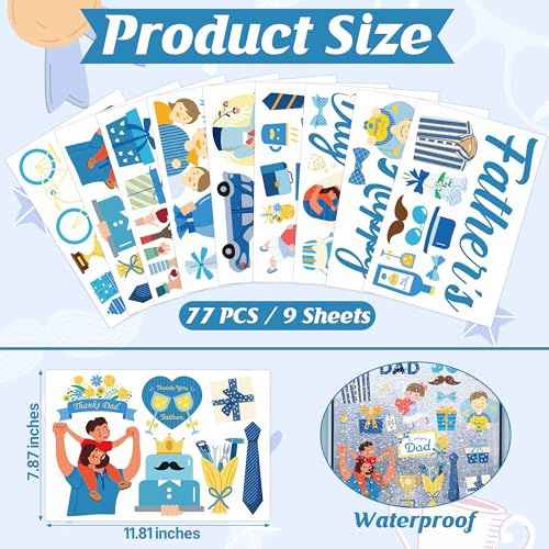 Image of 77 PCS Fathers Day Window Clings, 9 Sheets Blue Fathers Day Decorations, Double-Sided Dad Stickers for Glass Windows with Hearts Roses Patterns, Dad Decorations for Home Store Birthday Party