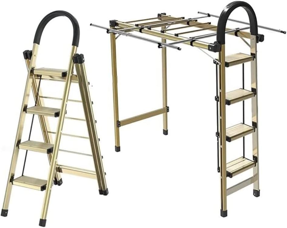 Step Ladder Folding Ladder Aluminum 2 in 1 Drying Racks Step Ladder Portable Extension Ladder for Home Office Folding Ladder Telescopic Ladder(Color:Champagne Gold)