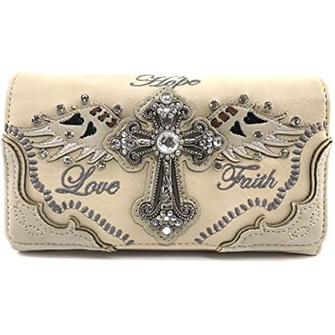 Zelris Faith Love Hope Cross Angel Wing Bible Women Crossbody Trifold Wallet (Beige) Cover