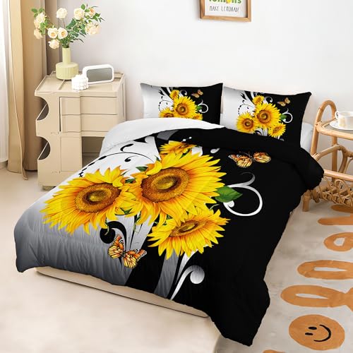 Image of AILONEN Black and White Floral Comforter Set Queen Size, Yellow Sunflower Bedding Set for Girls Kids Women,Soft Lightweight Microfiber Duvet Set 3 Piece All Season,1 Comforter with 2 Pillowcases