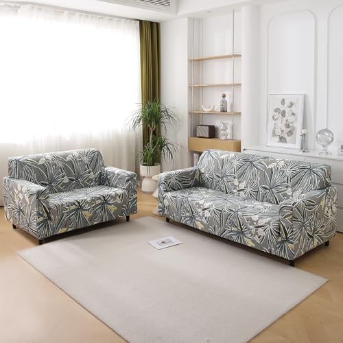 Image of HOKIPO Polyester Blend Printed 5 Seater Fully Covered Sofa Cover in 3 Seater and 2 Seater Configuration, Frost Grey Marginata (AR-5128-D7 + AR-5129-D7)