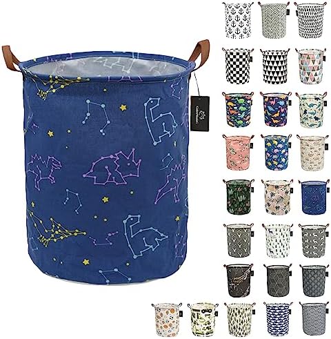 Collapsible Laundry Basket - GodenMoninG 62.8L Large Sized Round Waterproof Storage Bin with Handles,Home Decor,Toy Organizer,Children Nursery Hamper. (Dinosaur Constellation)