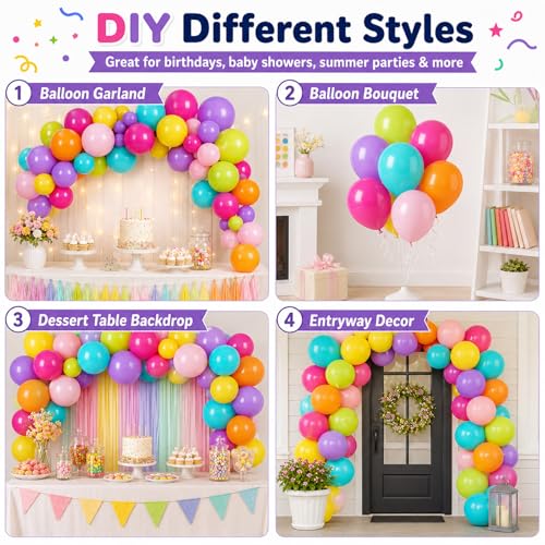 Image of Colorful Balloons, 60Pcs Rainbow Balloon, 12 Inch Latex Multicolor Balloons Bright Color Yellow Orange Hot Pink Teal Blue Green for Kids Birthday Baby Shower Summer Pool Hawaii Theme Party Decoration