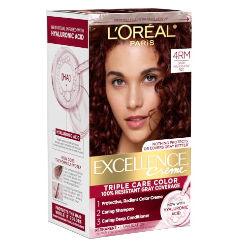 L'Oreal Paris Excellence Crème Permanent Hair Dye, Triple Care Hair Color with Hyaluronic Acid for 100% Gray Coverage, 4RM Dark Mahogany Red, 1 Kit (Packaging May Vary)