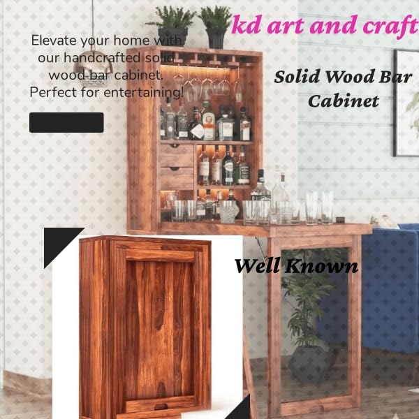 Image of WELL KNOWN Furniture Solid Wood Bar Cabinet for Home | Wall Hanging Design Mini Bar & for Living Room (Natural) (Nature) bar Cabinet for Home
