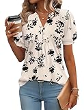 IECCP Womens Tops Dressy Casual Blouses Business Casual 2025 Summer Short Sleeve Shirts Cute V Neck Puff Pleated Tunic Top (Apricot Black Floral,XL)