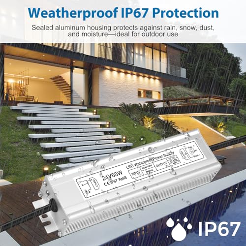 Image of LED Driver 60W 24V Power Supply, IP67 Waterproof Low Voltage Transformer, AC 90-265V to DC 24V 2.5A Converter for Outdoor Landscape Lighting and LED Strip Lights, with 3-Prong Plug 3.3FT Cable