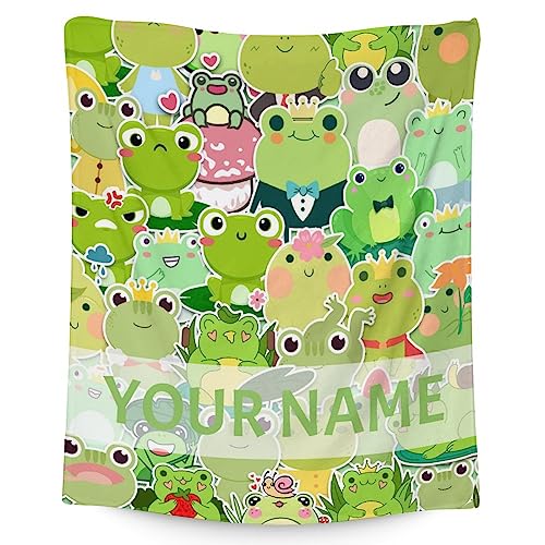 Personalized Frog Blanket Gifts with Name - 50x60 Inches Cute Throw for Girls & Boys - Colorful Soft Fuzzy Blankets for Bed, Couch & Living Room