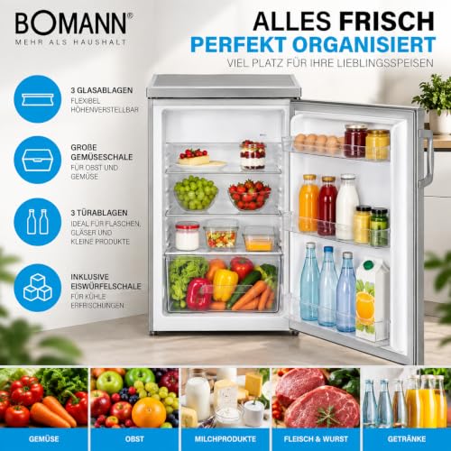 Foto von Bomann Kühlschrank mit Gefrierfach | Getränkekühlschrank mit 120L Nutzinhalt und 2 Glasablagen | Türanschlag wechselbar | kleiner Kühlschrank mit stufenloser Temperaturregelung | KS 2194.1 inox