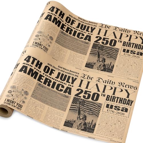 RUSPEPA 250 Years Anniversary Patriotic Wrapping Paper Roll Vintage Newspaper Independence Day Kraft Gift Wrap with Statue of Liberty Design for 4th of July