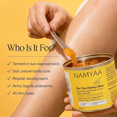 Image of Namyaa De-Tan Honey Wax 600g with Knife & Strips | Brightening Tan Removal Wax for Legs, Arms, Underarms & Body | Honey Based