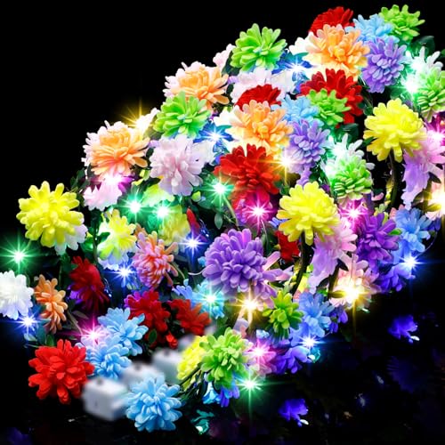 Yunsailing 64 coronas de flores iluminadas con luz LED, diadema para niña, tiara luminosa, tocado floral brillante para Pascua, fiesta hawaiana, cumpleaños, boda, carnaval, festival de música