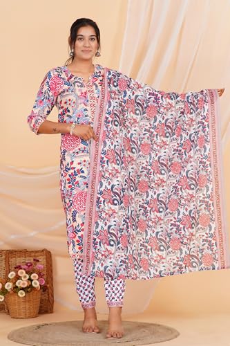 Image of Women's Printed Straight Kurta with Pant & Dupatta Set (Multicolor)