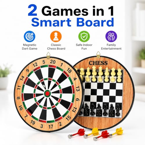 Image of 2-in-1 Magnetic Dart Board with Darts | One Side Dart Game, Other Side Chess | Double-Sided Indoor Game Board for Kids & Adults | Safe Magnetic Darts for Home & Gifting