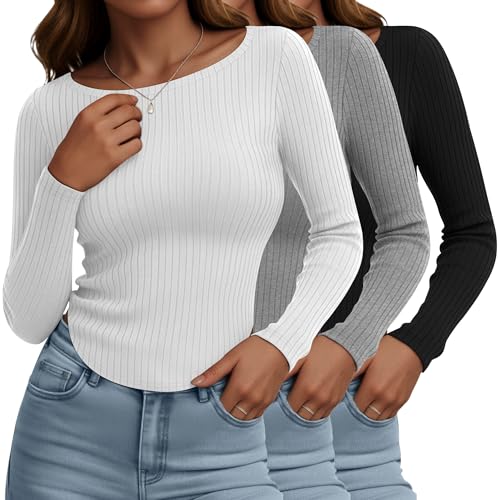 Huukeay 3 Pack Boat Neck Long Sleeve Tops for Women, Cotton Ribbed Fitted Shirts Curved Hem Crop Top Casual Basic Tees Go Out