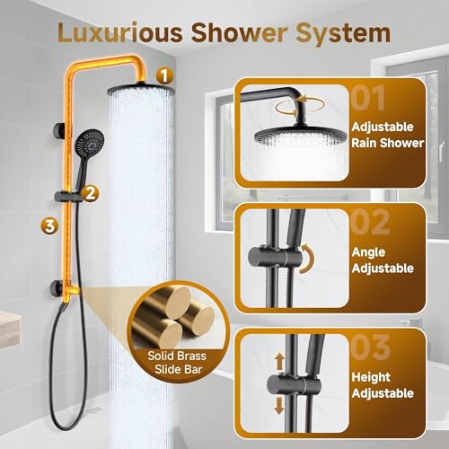 Image of BRIGHT SHOWERS Shower System, 9 Inch Rain Shower Head with 5-Function Hand Shower, Dual Shower Combo with Height Adjustable Holder, Solid Brass Rail, 60 Inch Stainless Steel Hose, Oil-Rubbed Bronze