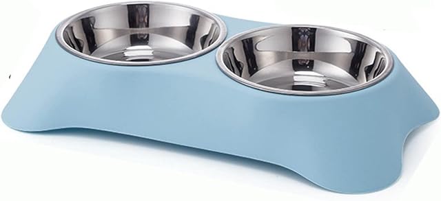 Fuwok Double Dog Bowl,Non Slip Stainless Steel Double Bowl with Non-spill For Small Dogs and Cats (S, Blue)