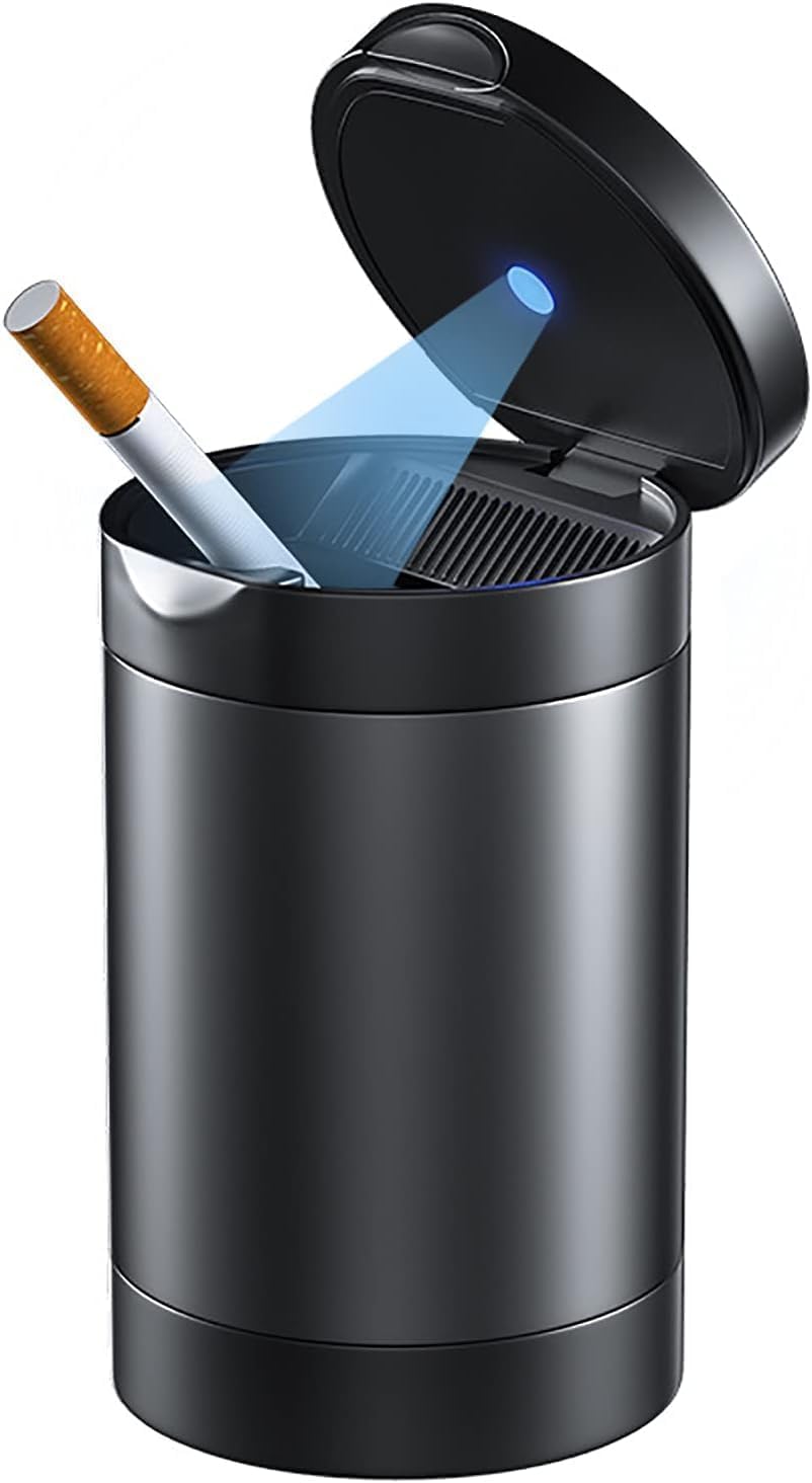 MMMA Car Ashtray, Portable Ashtray for Car, Mini Car Trash Can, Detachable Stainless Steel Smokeless Ash Tray with Lid, LED Blue Light, Windproof for Outdoor Travel, Home Use