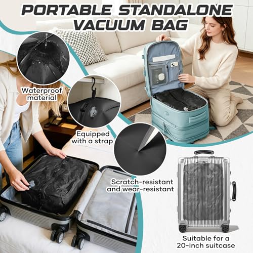 Image of Travel Backpack with Compression Vacuum Storage Bag & Electric Pump, Expandable Flight Approved Carry On Backpack, 18x14x8 inches Personal Item Travel Bag for Men Women, Blue