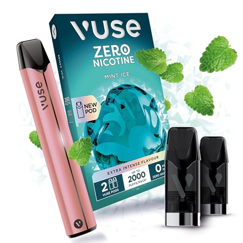 Vuse Pro Vape Kit, Slim Design, Fast Charging, Splash-Resistant, Reusable Vape, Rechargeable Vape, Refillable Vape, With Mint Ice Extra Intense Pods x2, Rose Gold