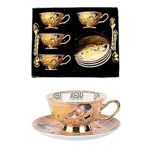 Tea Cups and Saucers with Spoon in Gift Box European Gilt Coffee Mugs Set of 4 Cappuccino Cups for Latte Mocha Chinese New Year Gift, 4 Sets