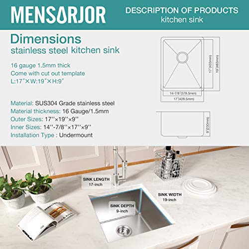 Bar Sink, Mensarjor 17'' X 19'' Single Bowl Kitchen Sink 16 Gauge Undermount Stainless Steel Kitchen Sink, Bar Or Prep Kitchen Sink (17" X 19" X 9") #TOP3