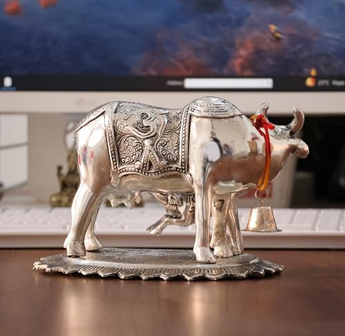 Image of KridayKraft Metal Om Kamdhenu Cow and Calf Metal Statue for Good Luck,Feng Shui As Table Top Figurine,Vastu,Religious Gau MATA Idol Home,Office&Table Decorative,Animal
