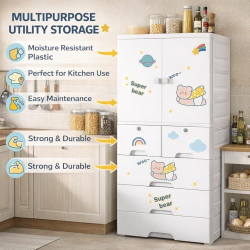 Image of AYSIS Kids Plastic Collapsible Wardrobe Organizer for Storage with Drawers | Cute Cartoon Design | Heavy Duty Cloth Organizer for Storage | Easy to Assemble | Perfect for Kids Room & Home | Whiteber