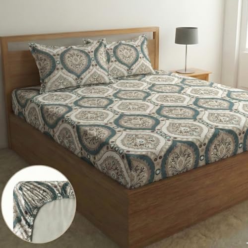 Image of Home Sizzler Microfibre Floral Damask Print All-Around Elastic Fitted Double Bedsheet (72 x 78 Inches) with 2 Pillow Covers - Teal & Beige