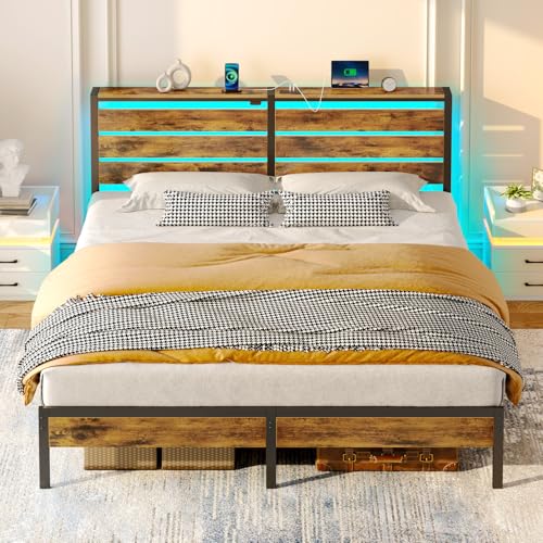 Rolanstar Marco de cama tamaño King con estación de carga USB, marco de cama LED con cabecero de almacenamiento de madera, cama de plataforma de metal marrón rústico con almacenamiento debajo de la