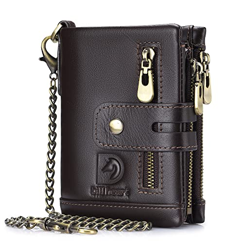 Image of Mens Wallet with Chain Genuine Leather Purse RFID Blocking Bifold Double Zipper Coin Pocket with Anti-Theft Chain
