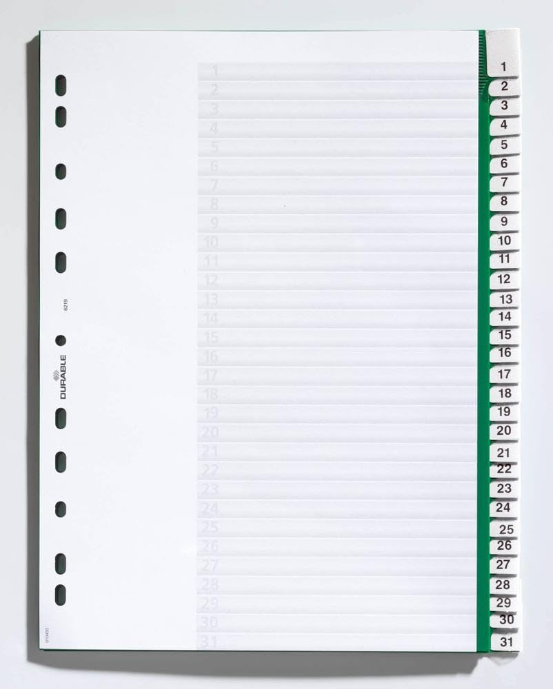 Durable 621905 - Divisorio con cavalierini termosaldati e set di etichette stampate e preinserite 1-31, f.to A4, 31 tasti, foratura universale, verde