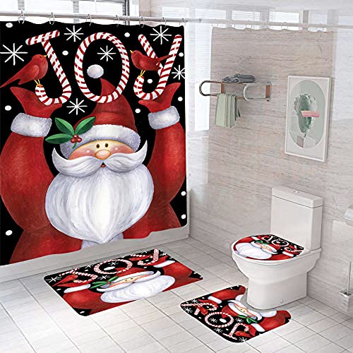 Photo 1 of 4Pcs Xmas Merry Christmas Shower Curtain Set with Non-Slip Rugs and Toilet Lid Cover Santa Claus Fabric Shower Curtain Bathroom Decor with Hooks Waterproof Washable 72" x 72''