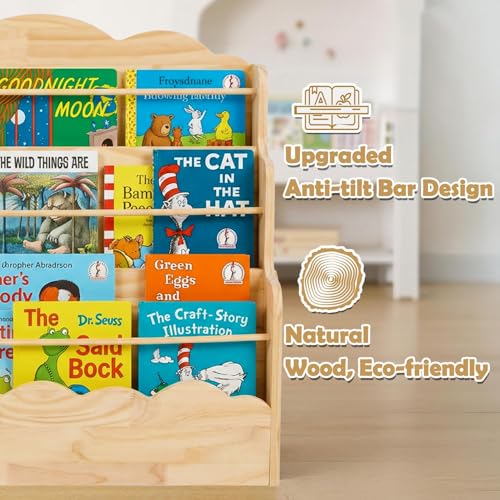 Image of Amdermi 3-Tier Scalloped Montessori Bookshelf for Kids, Solid Wood Front-Facing Toddler Bookcase, Low Children's Book Display Shelf for Nursery, Playroom, Classroom, Natura