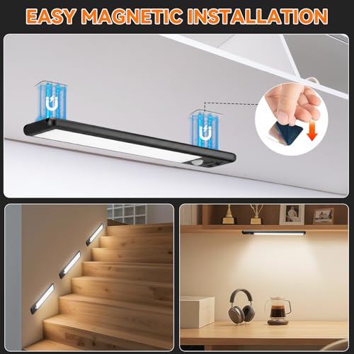 Image of Under Cabinet Lighting Wireless, 15inch Rechargeable Motion Sensor Light Indoor, 3 Color Closet Light Battery Operated with LED Power Display, Magnetic Under Counter Lights for Kitchen (3Pack-Black)