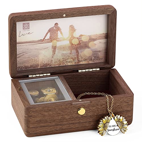 SOFTALK Vintage Jewelry Box Musical Boxs with Customizable Photos Case for Gifts Christmas Birthday and Valentine's Day(Simple Walnut Wood, Tune : You are my sunshine)