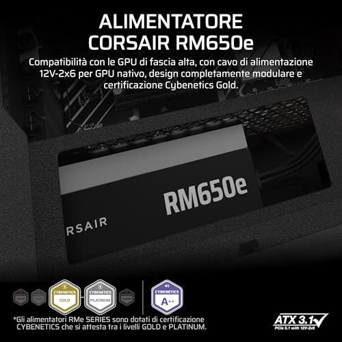 CORSAIR RM650e (2025) Alimentatore ATX completamente modulare a basso rumore con cavo 12V-2x6 - conforme a ATX 3.1 e PCIe 5.1, efficienza Cybenetics Gold, condensatori a 105°C - Nero - Alimentatore - Immagine 1
